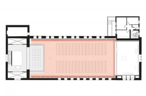 1 Kircheninnenraum gebildet durch Polycarbonatschale und kleine Tageskirche, Schnitt und Grundriss