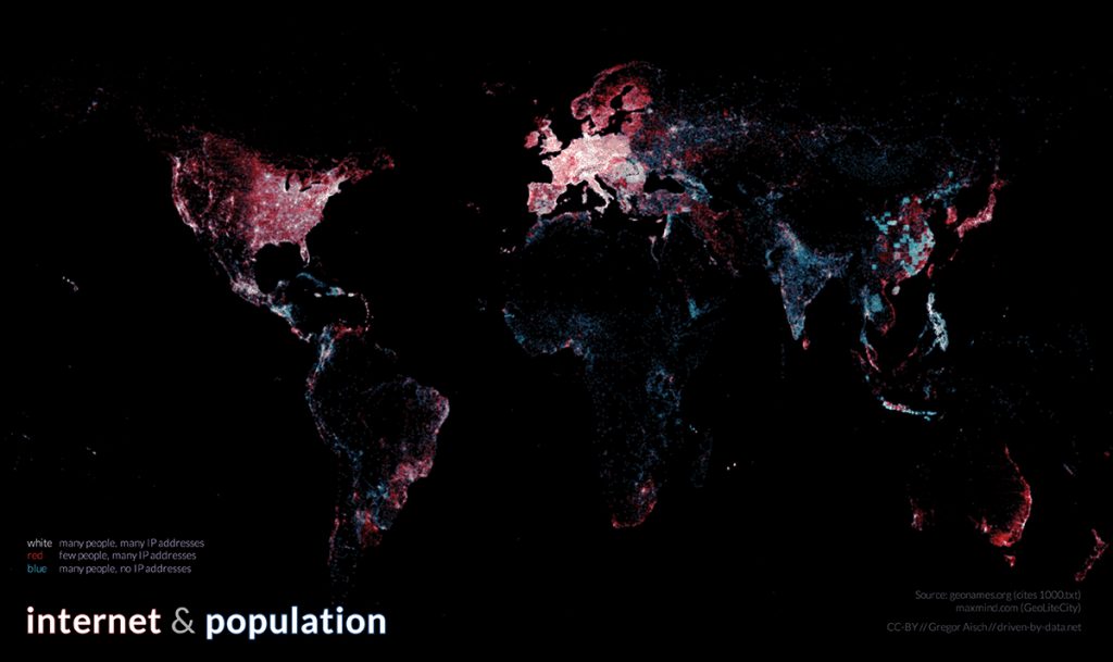 Die globale digitale Spaltung: weiß = viele Menschen, viele IP-Adressen; rot = wenige Menschen, viele IP-Adressen; blau = viele Menschen, keine IP-Adressen (Stand 2011); Abb.: Gregor Aisch, driven-by-data.net (CC-BY)